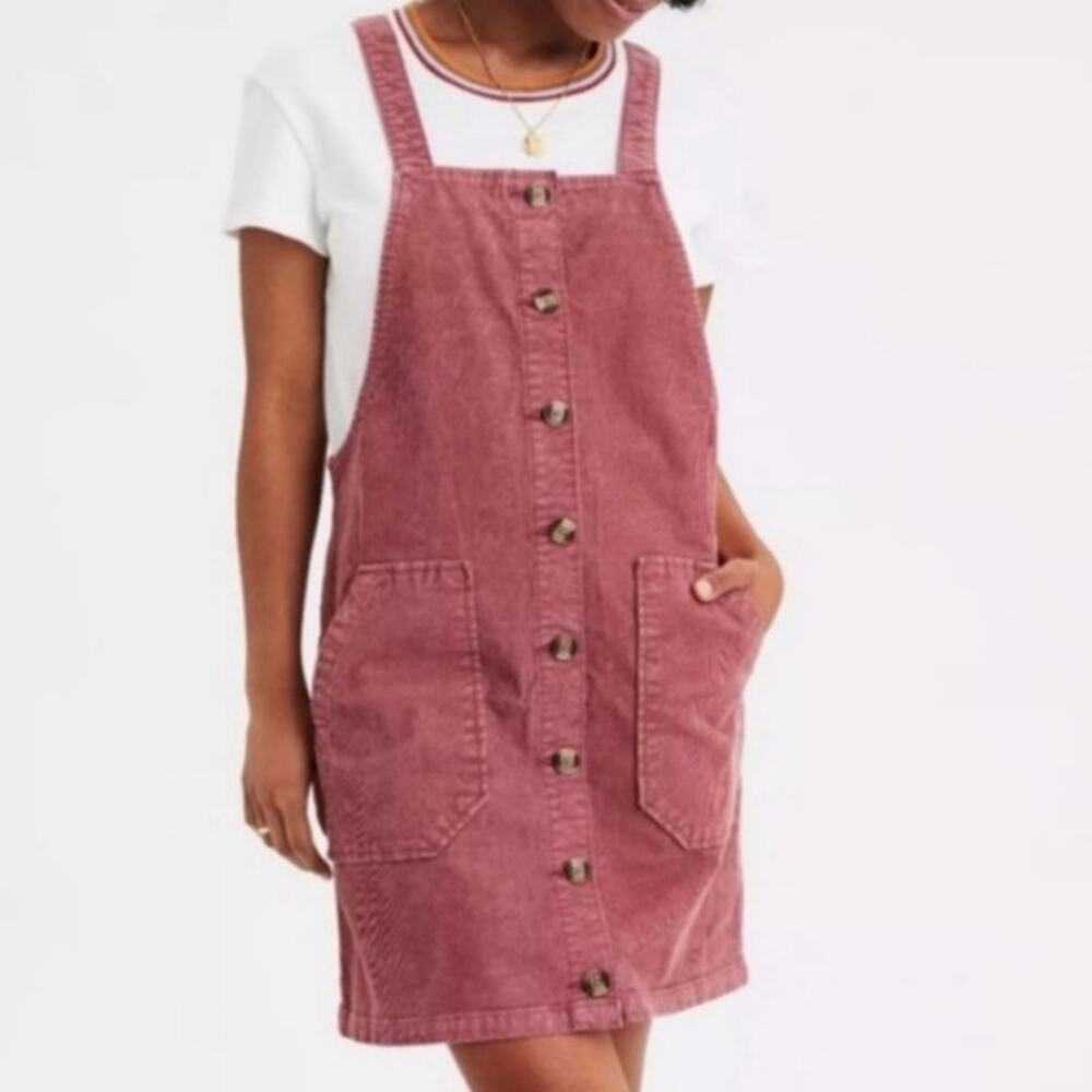 American Eagle Large Pink Corduroy Mini Dress Overall Y2K Dust Pink Preppy - Picture 1 of 6